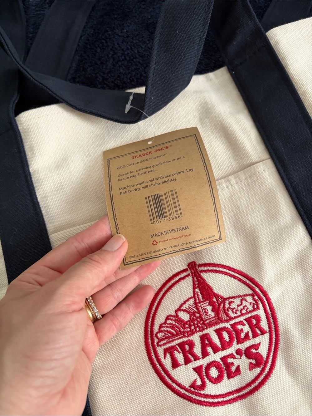 Viral Trader Joe’s Tote Bag in Navy Blue - Picture 2 of 2